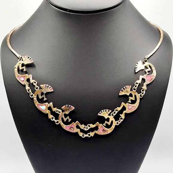 Vintage Mexican Alpaca Kokopelli Bib Necklace Pink & Blue Abalone Inlay 21" - Picture 2 of 5
